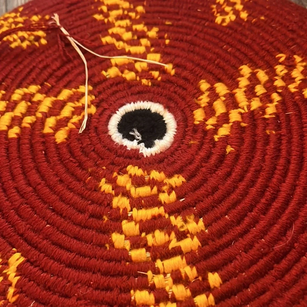 Artisan hand woven large colorful flat red/maroon and yellow basket - Picture 8 of 11